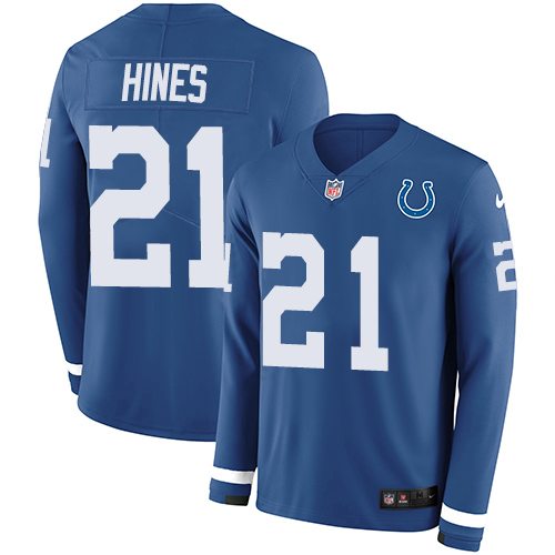 Nike Colts #21 Nyheim Hines Royal Blue Team Color Men's Stitched NFL Limited Therma Long Sleeve Jersey Nike Colts #21 Nyheim Hines Royal Blue Team Color Men's Stitched NFL Limited Therma Long Sleeve Jersey