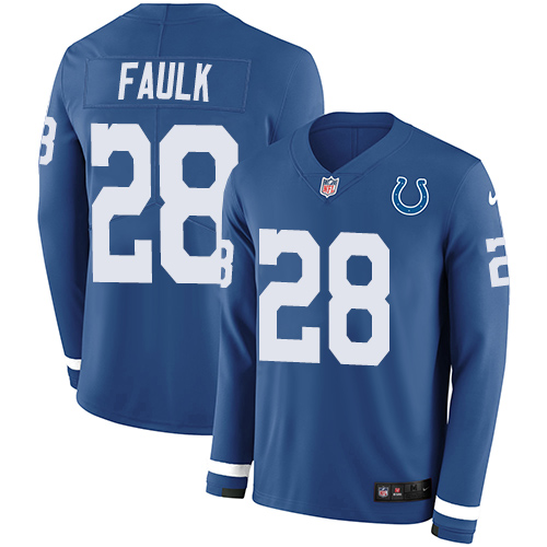 Nike Colts #28 Marshall Faulk Royal Blue Team Color Men's Stitched NFL Limited Therma Long Sleeve Jersey Nike Colts #28 Marshall Faulk Royal Blue Team Color Men's Stitched NFL Limited Therma Long Sleeve Jersey