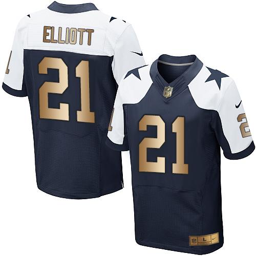 Nike Cowboys #21 Ezekiel Elliott Navy Blue Thanksgiving Throwback Men's Stitched NFL Elite Gold Jersey Nike Cowboys #21 Ezekiel Elliott Navy Blue Thanksgiving Throwback Men's Stitched NFL Elite Gold Jersey