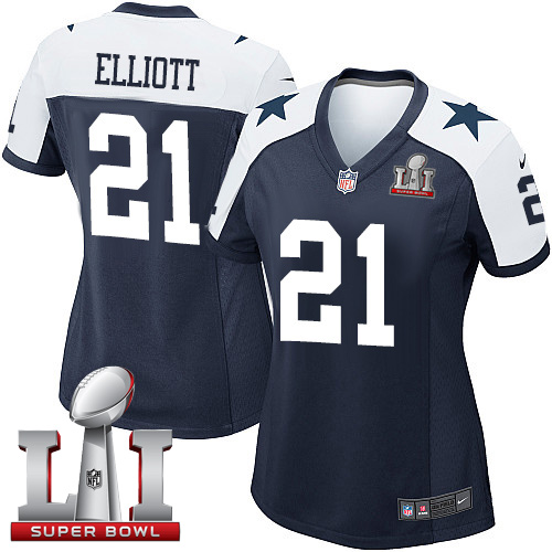 Nike Cowboys #21 Ezekiel Elliott Navy Blue Thanksgiving Throwback Women's Stitched NFL Super Bowl LI 51 Elite Jersey