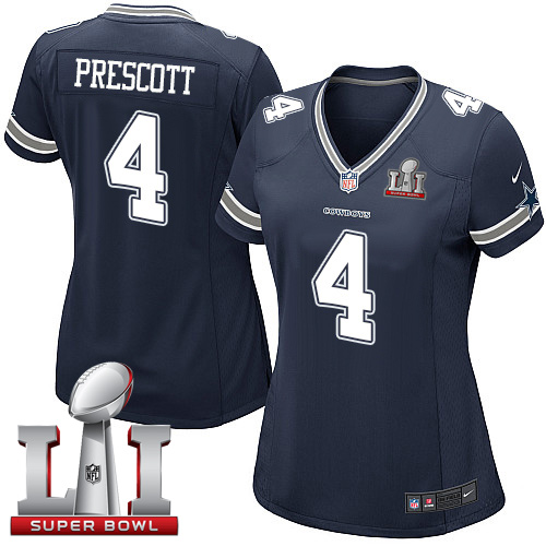 Nike Cowboys #4 Dak Prescott Navy Blue Team Color Women's Stitched NFL Super Bowl LI 51 Elite Jersey