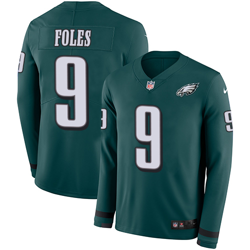 Nike Eagles #9 Nick Foles Midnight Green Team Color Men's Stitched NFL Limited Therma Long Sleeve Jersey