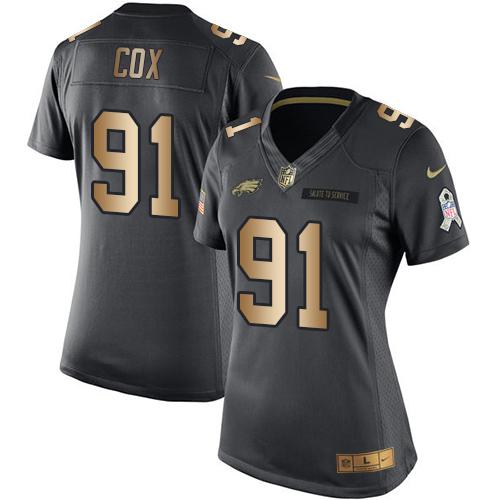 Nike Eagles #91 Fletcher Cox Black Women's Stitched NFL Limited Gold Salute to Service Jersey
