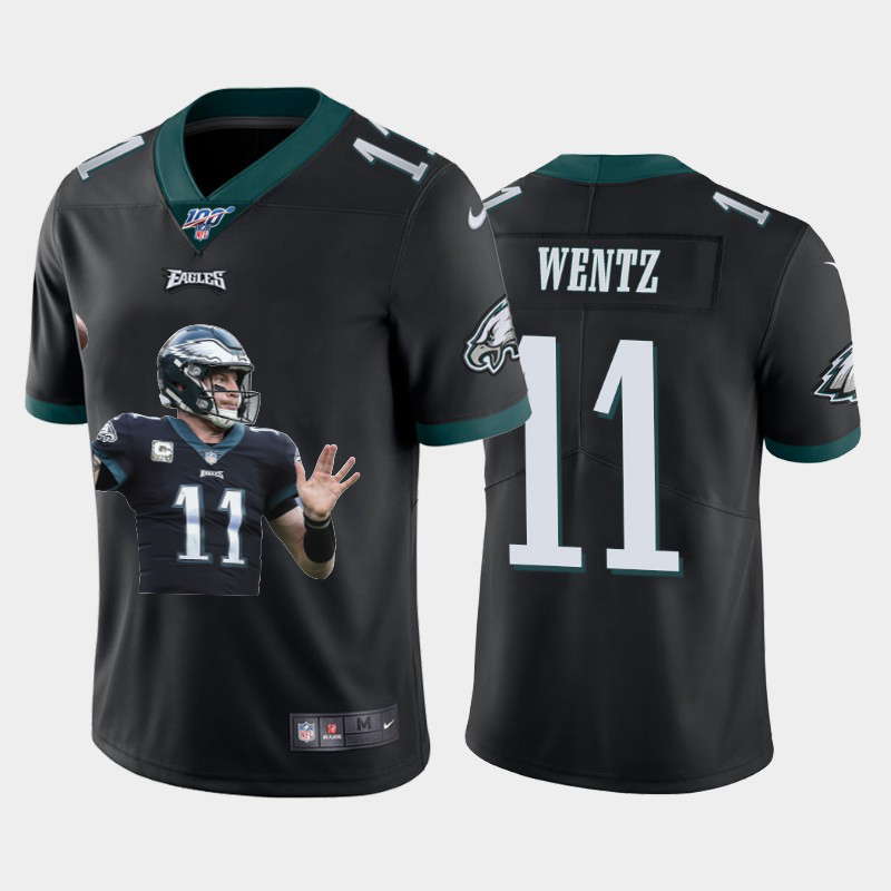Nike Eagles 11 Carson Wentz Black Player Name Logo 100th Season Vapor Untouchable Limited Jersey