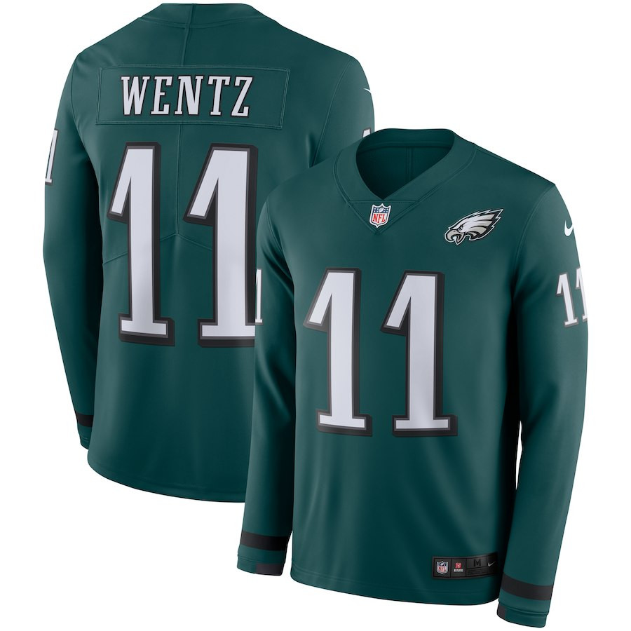 Nike Eagles 11 Carson Wentz Green Therma Long Sleeve Jersey
