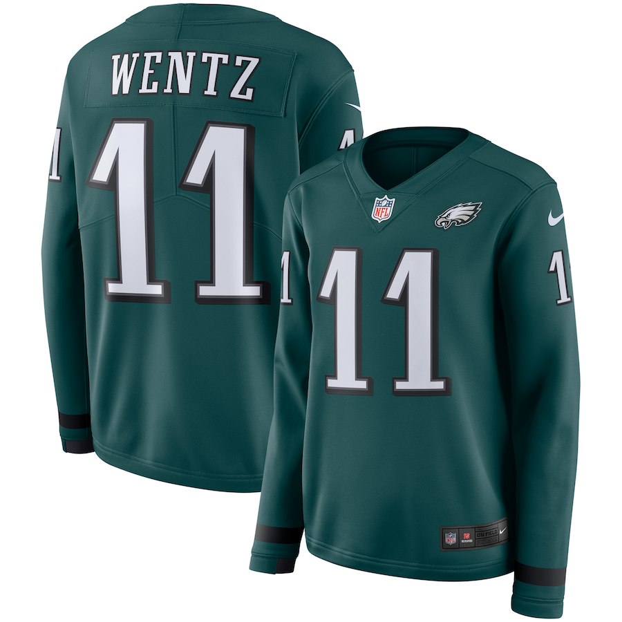 Nike Eagles 11 Carson Wentz Green Women Therma Long Sleeve Jersey