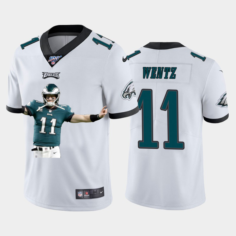 Nike Eagles 11 Carson Wentz White Player Name Logo 100th Season Vapor Untouchable Limited Jersey