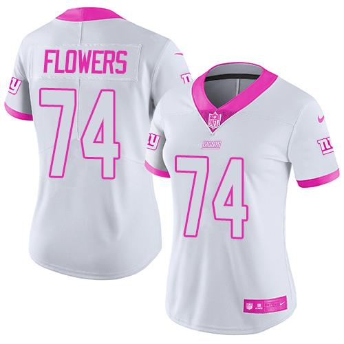 Nike Giants #74 Ereck Flowers White Pink Women's Stitched NFL Limited Rush Fashion Jersey
