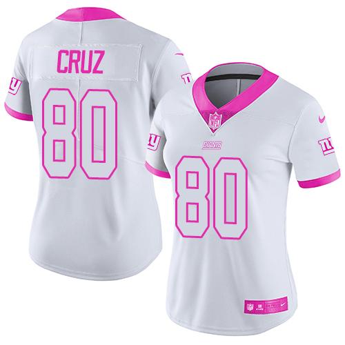 Nike Giants #80 Victor Cruz White Pink Women's Stitched NFL Limited Rush Fashion Jersey