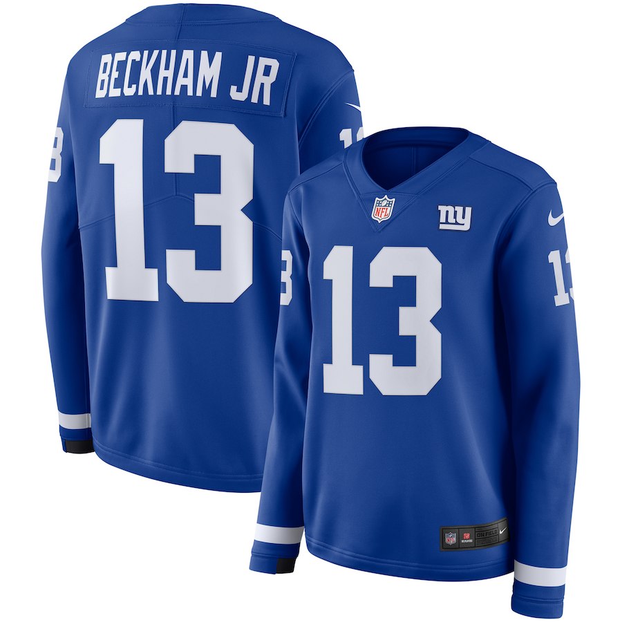 Nike Giants 13 Odell Beckham Jr. Blue Women Therma Long Sleeve Jersey