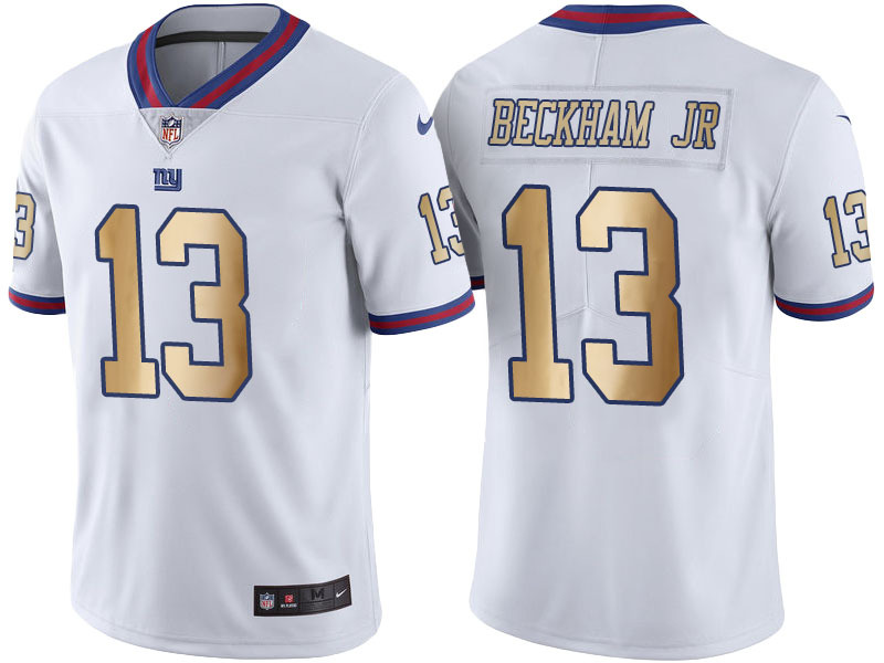 Nike Giants 13 Odell Beckham Jr White Gold Color Rush Limited Jersey