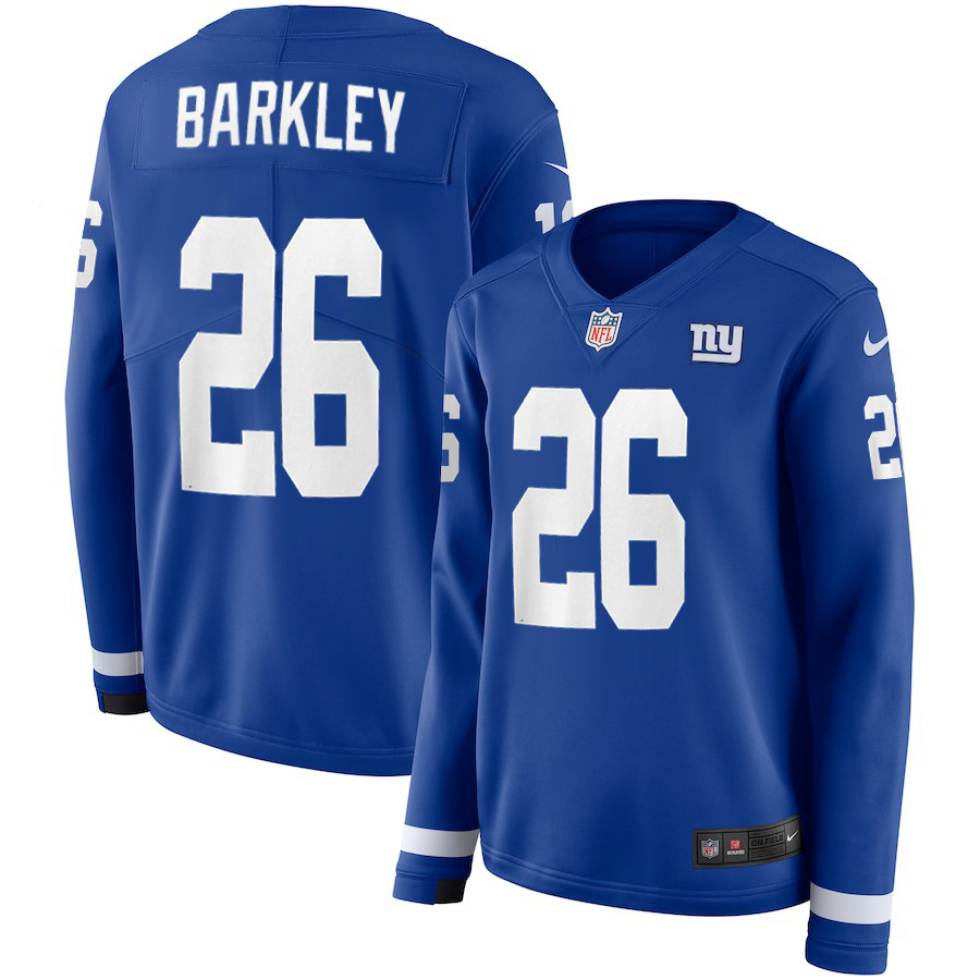 Nike Giants 26 Saquon Barkley Royal Women Therma Long Sleeve Jersey