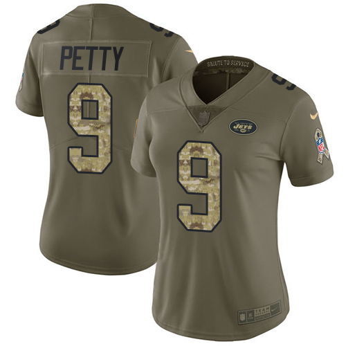 Nike Jets #9 Bryce Petty Olive Camo Women's Stitched NFL Limited 2017 Salute to Service Jersey