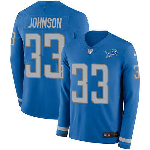 Nike Lions #33 Kerryon Johnson Blue Team Color Men's Stitched NFL Limited Therma Long Sleeve Jersey Nike Lions #33 Kerryon Johnson Blue Team Color Men's Stitched NFL Limited Therma Long Sleeve Jersey