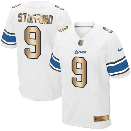 Nike Lions #9 Matthew Stafford White Men's Stitched NFL Elite Gold Jersey Nike Lions #9 Matthew Stafford White Men's Stitched NFL Elite Gold Jersey