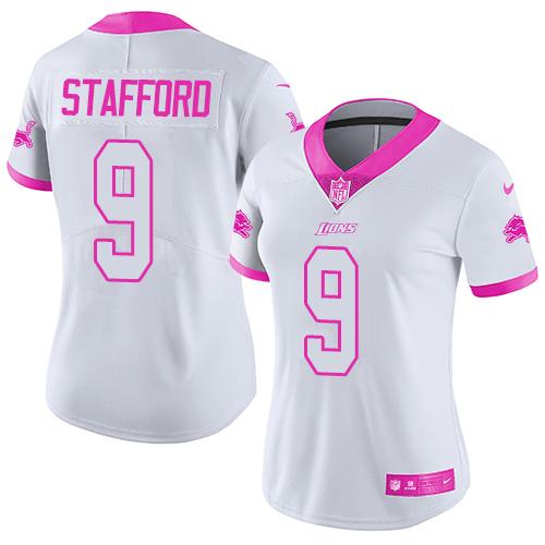 Nike Lions #9 Matthew Stafford White Pink Women's Stitched NFL Limited Rush Fashion Jersey