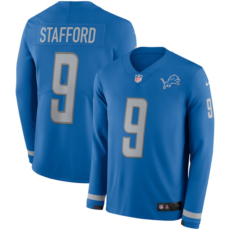 Nike Lions 9 Matthew Stafford Blue Therma Long Sleeve Jersey Nike Lions 9 Matthew Stafford Blue Therma Long Sleeve Jersey