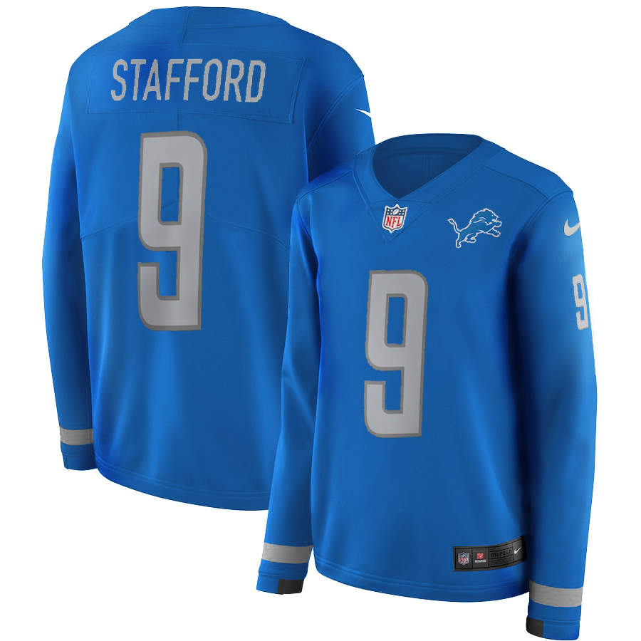 Nike Lions 9 Matthew Stafford Blue Women Therma Long Sleeve Jersey Nike Lions 9 Matthew Stafford Blue Women Therma Long Sleeve Jersey