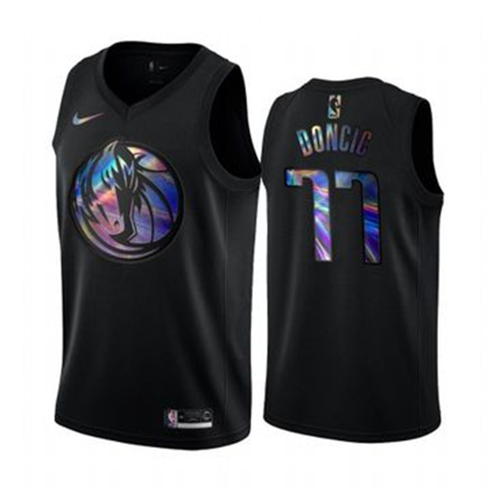Nike Mavericks #77 Luka Doncic Men's Iridescent Holographic Collection NBA Jersey - Black