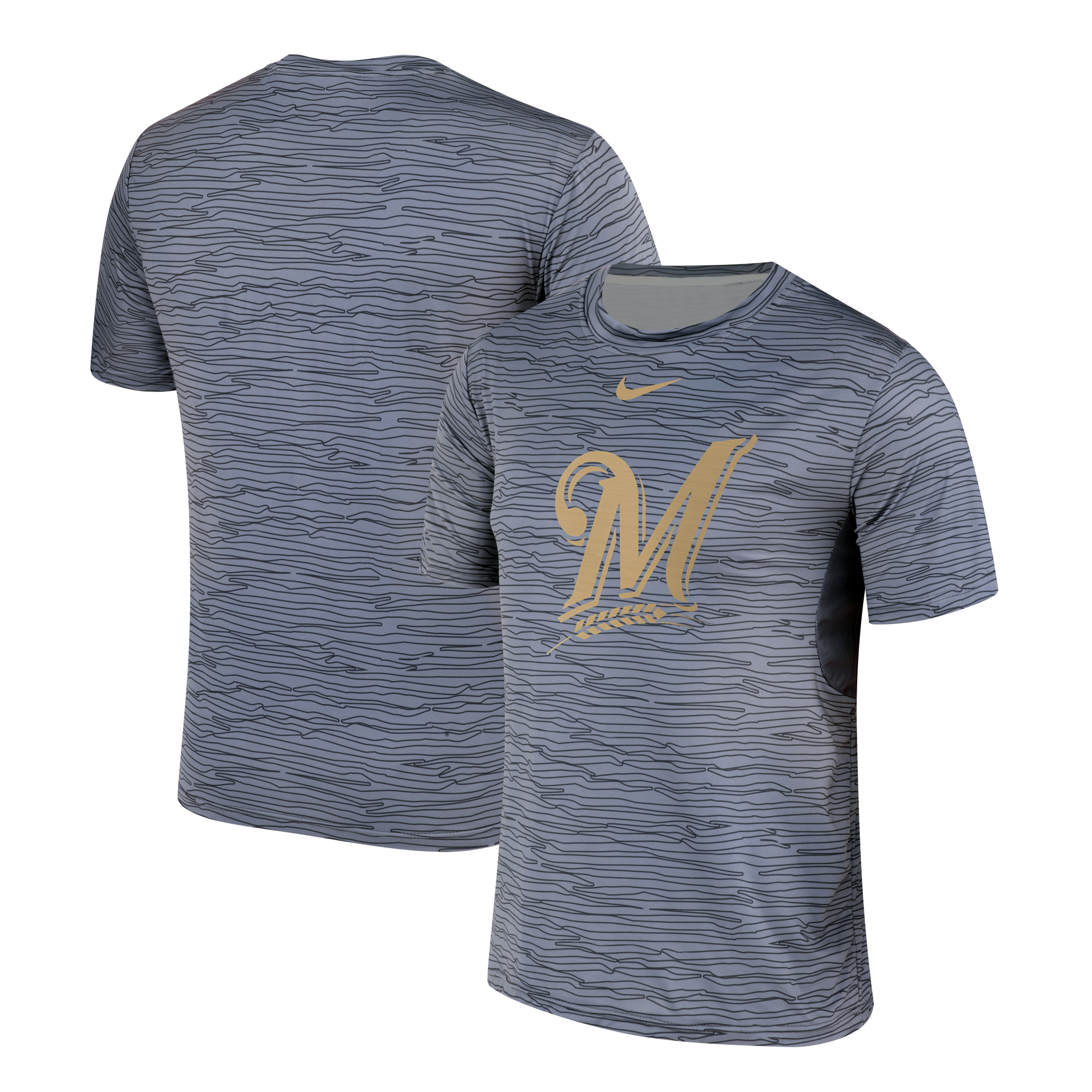 Nike Milwaukee Brewers Gray Black Striped Logo Performance T-Shirt Nike Milwaukee Brewers Gray Black Striped Logo Performance T-Shirt