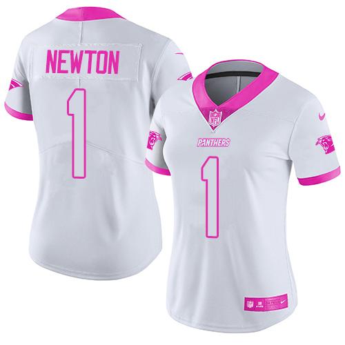 Nike Panthers #1 Cam Newton White Pink Women's Stitched NFL Limited Rush Fashion Jersey