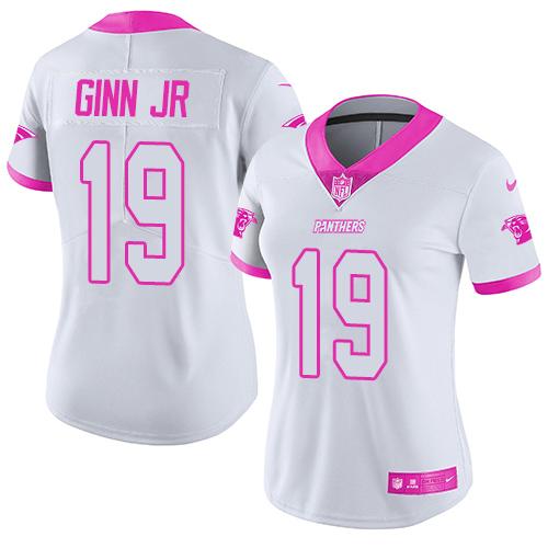 Nike Panthers #19 Ted Ginn Jr White Pink Women's Stitched NFL Limited Rush Fashion Jersey