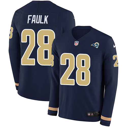 Nike Rams #28 Marshall Faulk Navy Blue Team Color Men's Stitched NFL Limited Therma Long Sleeve Jersey Nike Rams #28 Marshall Faulk Navy Blue Team Color Men's Stitched NFL Limited Therma Long Sleeve Jersey