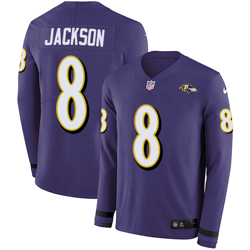 Nike Ravens #8 Lamar Jackson Purple Team Color Men's Stitched NFL Limited Therma Long Sleeve Jersey Nike Ravens #8 Lamar Jackson Purple Team Color Men's Stitched NFL Limited Therma Long Sleeve Jersey