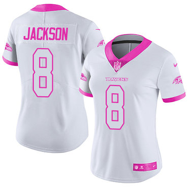 Nike Ravens #8 Lamar Jackson White Pink Women's Stitched NFL Limited Rush Fashion Jersey Nike Ravens #8 Lamar Jackson White Pink Women's Stitched NFL Limited Rush Fashion Jersey