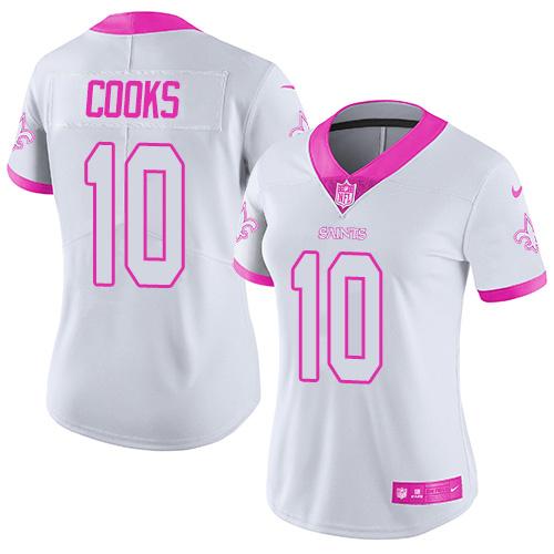 Nike Saints #10 Brandin Cooks White Pink Women's Stitched NFL Limited Rush Fashion Jersey