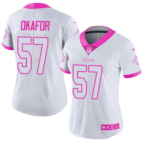 Nike Saints #57 Alex Okafor White Pink Women's Stitched NFL Limited Rush Fashion Jersey
