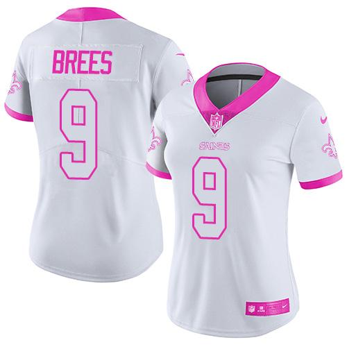 Nike Saints #9 Drew Brees White Pink Women's Stitched NFL Limited Rush Fashion Jersey