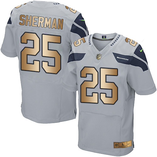 Nike Seahawks #25 Richard Sherman Grey Alternate Men's Stitched NFL Elite Gold Jersey Nike Seahawks #25 Richard Sherman Grey Alternate Men's Stitched NFL Elite Gold Jersey