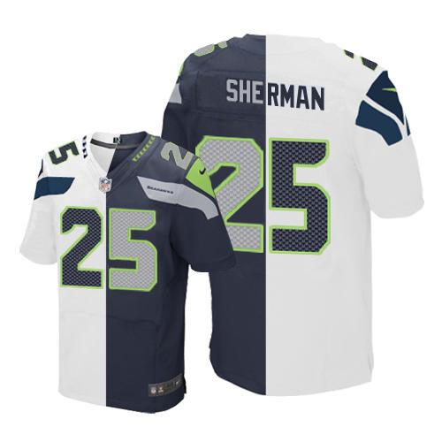 Nike Seahawks #25 Richard Sherman White Steel Blue Men's Stitched NFL Elite Split Jersey Nike Seahawks #25 Richard Sherman White Steel Blue Men's Stitched NFL Elite Split Jersey