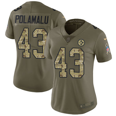 Nike Steelers #43 Troy Polamalu Olive Camo Women's Stitched NFL Limited 2017 Salute to Service Jersey