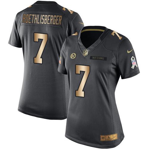 Nike Steelers #7 Ben Roethlisberger Black Women's Stitched NFL Limited Gold Salute to Service Jersey