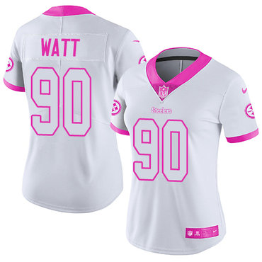 Nike Steelers #90 T. J. Watt White Pink Women's Stitched NFL Limited Rush Fashion Jersey