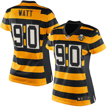 Nike Steelers #90 T. J. Watt Yellow Black Alternate Women's Stitched NFL Elite Jersey