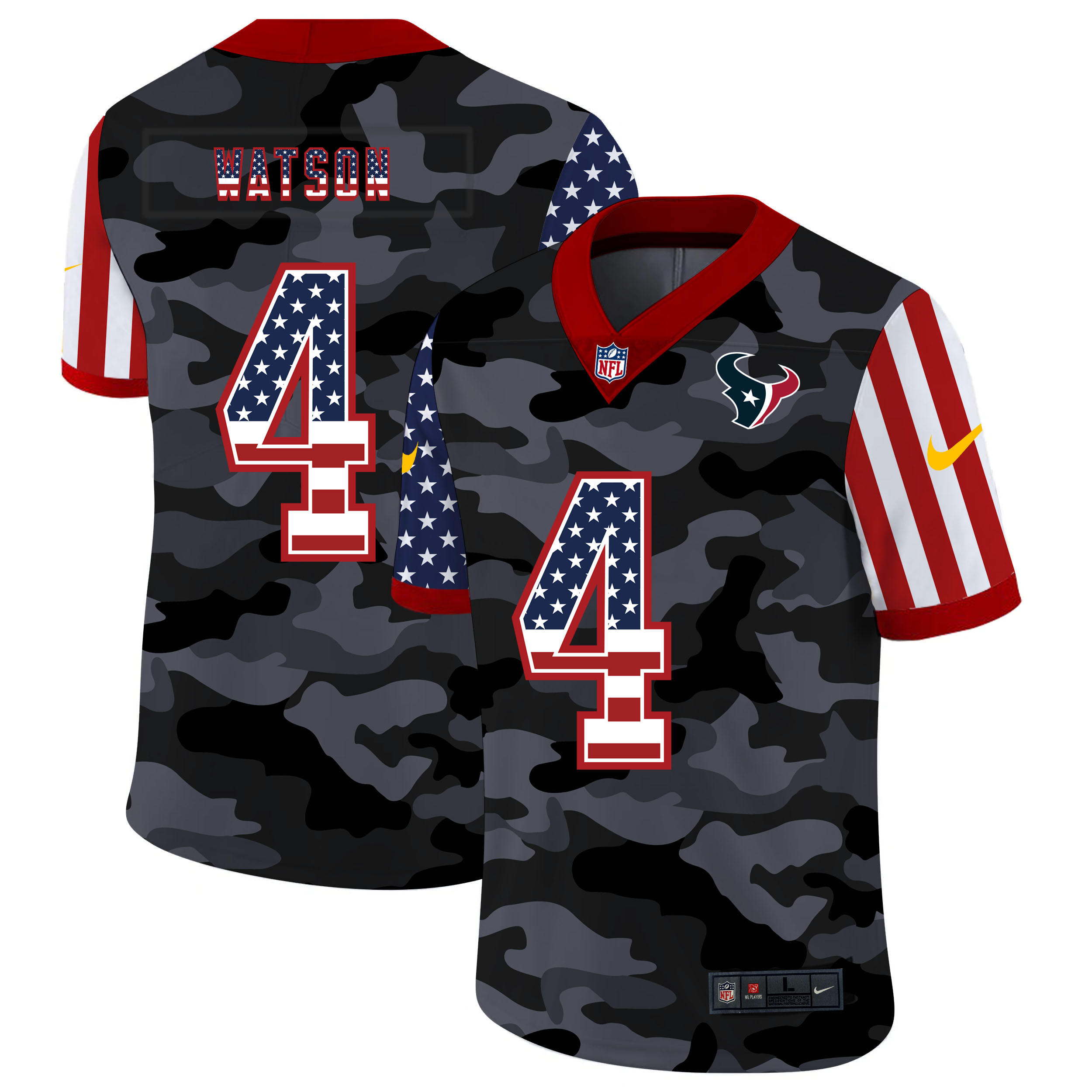 Nike Texans 4 Deshaun Watson Camo 2020 USA Flag Salute To Service Limited Jersey Nike Texans 4 Deshaun Watson Camo 2020 USA Flag Salute To Service Limited Jersey