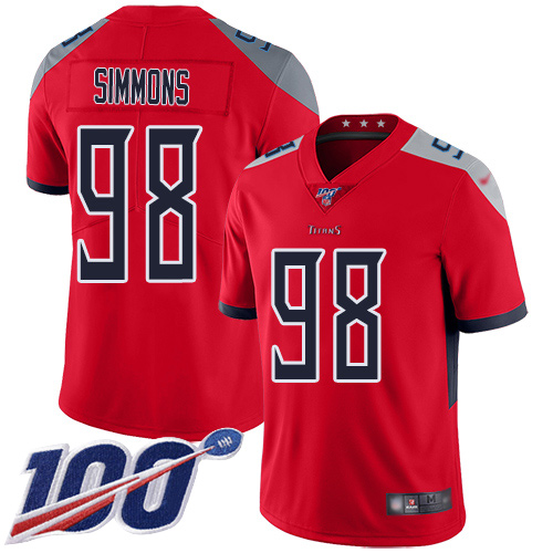 Nike Titans #98 Jeffery Simmons Red Men's Stitched Football Limited Inverted Legend 100th Season Jersey Nike Titans #98 Jeffery Simmons Red Men's Stitched Football Limited Inverted Legend 100th Season Jersey