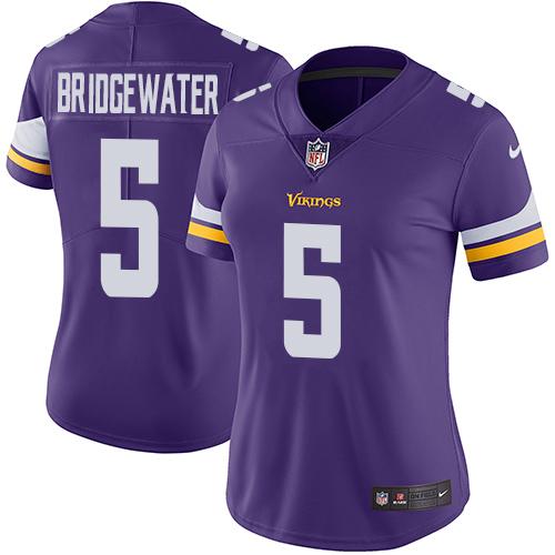 Nike Vikings #5 Teddy Bridgewater Purple Team Color Women's Stitched NFL Vapor Untouchable Limited Jersey