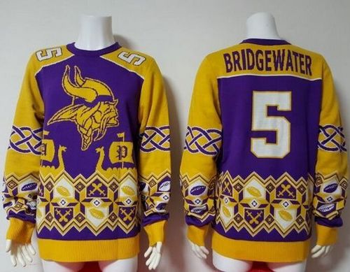 Nike Vikings #5 Teddy Bridgewater Purple Yellow Men's Ugly Sweater Nike Vikings #5 Teddy Bridgewater Purple Yellow Men's Ugly Sweater