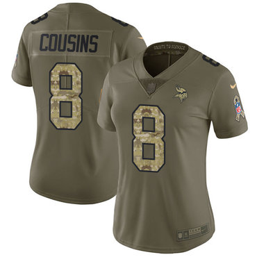 Nike Vikings #8 Kirk Cousins Olive Camo Women's Stitched NFL Limited 2017 Salute to Service Jersey