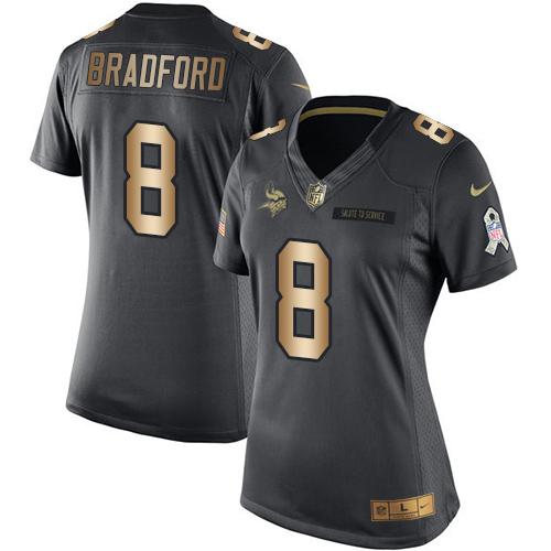 Nike Vikings #8 Sam Bradford Black Women's Stitched NFL Limited Gold Salute to Service Jersey