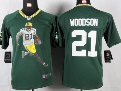 NEW Youth Green Bay Packers #21 Woodson Green Portrait Fashion Game Jerseys