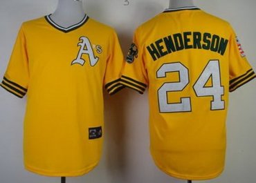 Oakland Athletics 24 Ricky Henderson 1968 M&N Throwback Yellow MLB Jerseys
