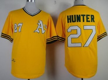 Oakland Athletics 27 Catfish Hunter 1968 M&N Throwback Yellow MLB Jerseys
