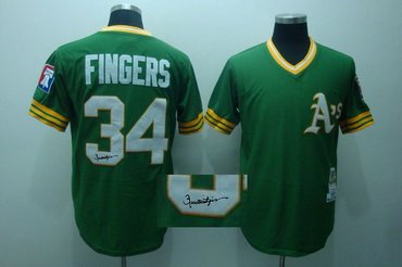 Oakland Athletics 34# Rollie Fingers Green Jerseys Throwback MLB Jerseys(Signed)