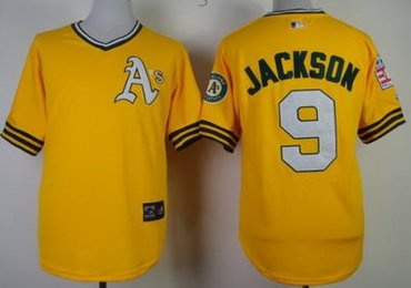 Oakland Athletics 9 Reggie Jackson 1968 M&N Throwback Yellow MLB Jerseys