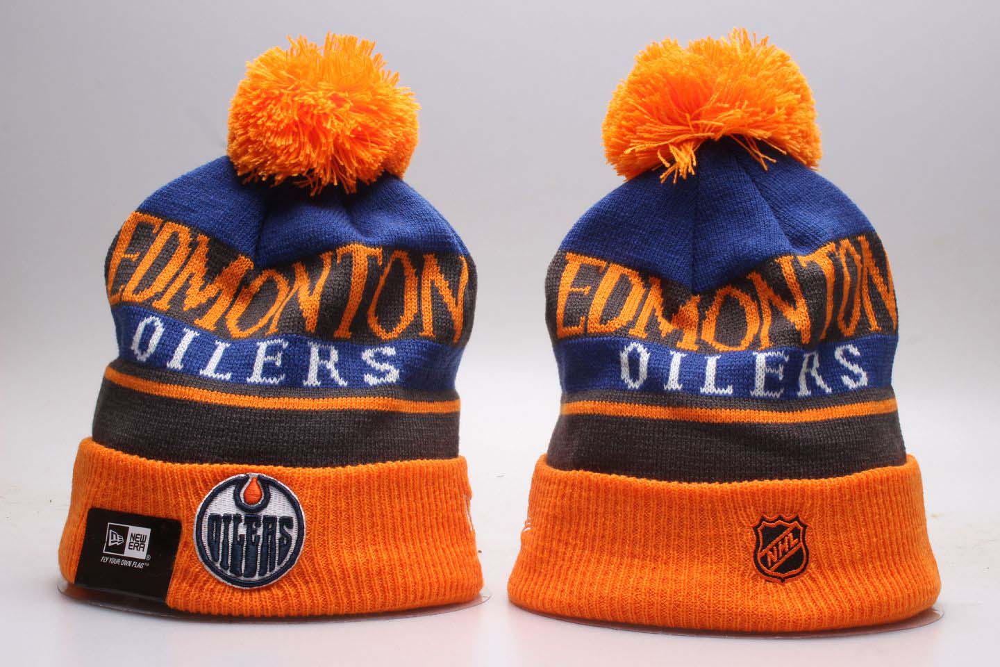 Oilers Heathered Gray Orange Cuffed Pom Knit Hat YP
